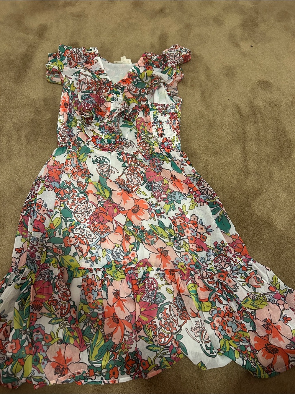 Roller Rabbit Floral Ruffle Sundress in White, Pink, Green, Orange